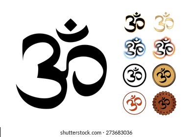 OM mantra symbol. Set of eight vector signs. Editable and scalable. Suitable as logo t-shirt, Web icon and Corporate identity design. 