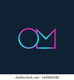 OM monogram logo.Geometric design style typographic icon.Lettering sign.Alphabet initials isolated on dark background.Uppercase corporate letter o and letter m.Neon colors outline modern characters.