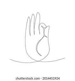 Om Mudra Hand Drawn In One Line. Symbol Of Buddhism, Yoga, Hinduism, Spirituality. Yoga Mudra. Black And White Vector Illustration.
