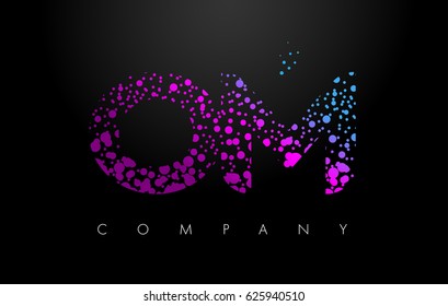 OM O M Letter Logo with Purple Blue Particles and Bubble Dots Design Vector.
