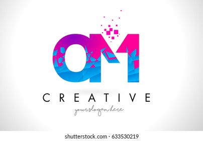 OM O M Letter Logo with Broken Shattered Blue Pink Triangles Texture Design Vector Illustration.