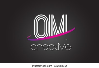 OM O M Letter Logo with Lines Design And Purple Swoosh Vector Letters Illustration.