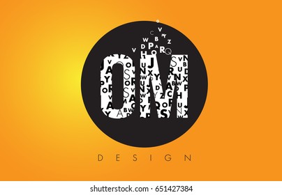 OM O M Logo Design Made of Small Letters with Black Circle and Yellow Background.