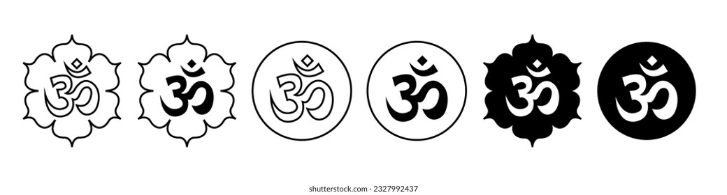 Om ohm Zen icon set. Collection of symbol of wellness mantra chant. Vector sign of god spirituality in asian india hindu. Round emblem badge of mystic shiva meditation yoga illustration.