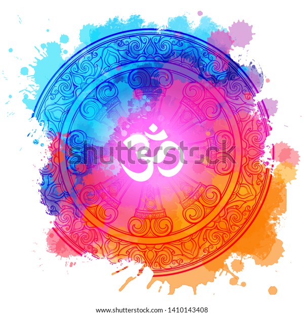 Om a Sacred mantra and a symbol of Hinduism.\
Rainbow colored watercolor textured background. EPS10 vector\
illustration
