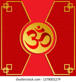 Om sacred symbol in red with gold flower of life on red background for, banner, web, (translate : Ohm)