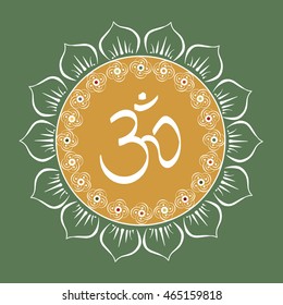 Om sign, aum symbol with ornament mandala on the green background. Vector illustration.