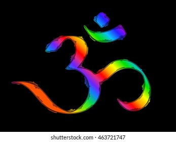Om sign of Buddhism, vector rainbow colorful calligraphy on black background
