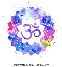 Om sign in lotus flower. Rainbow watercolor texture and splash. Vector isolated. Spiritual Buddhist, Hindu symbol