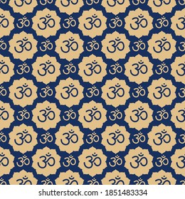 Om sign seamless pattern. Vector sacral icon. Meditation line symbol. Yoga background. Color illustration