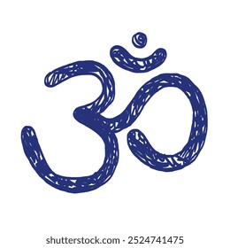 Om sign. Vector sacral icon. Yoga meditation. Hand drawn sketch. Blue pen or marker drawing. 