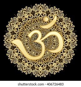 Om sing on a gold mandala background