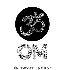 Om symbol. Aum, ohm. Hand drawn detailed vector illustration. Hand drawn background. Indian, Great design for tattoo, yoga studio, spirituality concepts, trendy textiles.