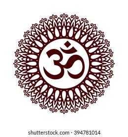 Om Symbol, Aum Sign, with Decorative Indian Ornament Mandala on White