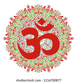 OM symbol and colorful mandala .Mehndi style.Vintage decorative elements .Ethnic Mandala ornament.Vector Henna tattoo style. on isolate background for textile,greeting card,color book