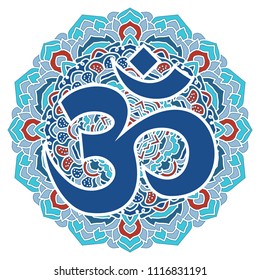 OM symbol and colorful mandala .Mehndi style.Vintage decorative elements .Ethnic Mandala ornament.Vector Henna tattoo style. on isolate background for textile,greeting card,color book