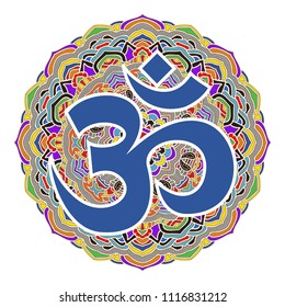 OM symbol and colorful mandala .Mehndi style.Vintage decorative elements .Ethnic Mandala ornament.Vector Henna tattoo style. on isolate background for textile,greeting card,color book