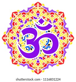 OM symbol and colorful mandala .Mehndi style.Vintage decorative elements .Ethnic Mandala ornament.Vector Henna tattoo style. on isolate background for textile,greeting card,color book