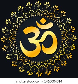 OM symbol golden gradient mandala. Decorative ornament in oriental style with ancient Hindu mantra on black background