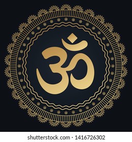 OM symbol golden mandala. Folk ornament in oriental style with ancient Hindu mantra on black background