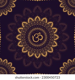 Om symbol golden mandala on dark background seamless pattern vector illustration for textile, background, wallpaper, print etc