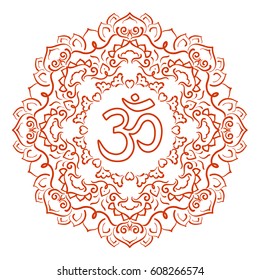 Om symbol with hand drawn mandala.  Decorative element  can be used for yoga poster, coloring book. Oriental ornament.