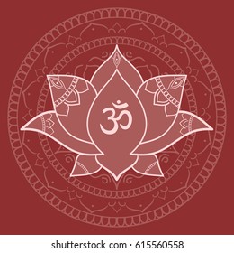 Om symbol with hand drawn mandala and Lotus. Set of oriental ornaments for greeting card, invitation, yoga poster, coloring book.