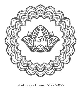 Om symbol with hand drawn mandala and Lotus. Set of oriental ornaments for greeting card, invitation, yoga poster, coloring book.