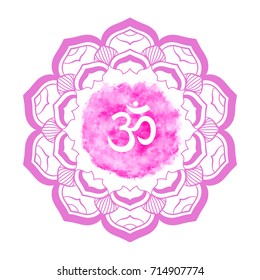 Om symbol with hand drawn mandala. Watercolor vector background. Oriental decorative ornament  can be used for greeting card, wedding invitation, yoga poster, coloring book.