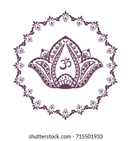 Om symbol with hand drawn mandala and Lotus. Set of oriental ornaments for greeting card, invitation, yoga poster, coloring book.