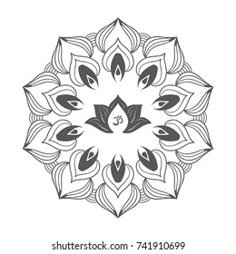 Om symbol with hand drawn mandala and Lotus. Set of oriental ornaments for greeting card, invitation, yoga poster, coloring book.