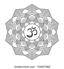 Om symbol with hand drawn mandala. Oriental decorative ornament  can be used for greeting card, wedding invitation, yoga poster, coloring book.