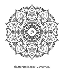 Om symbol with hand drawn mandala. Oriental decorative ornament  can be used for greeting card, wedding invitation, yoga poster, coloring book.