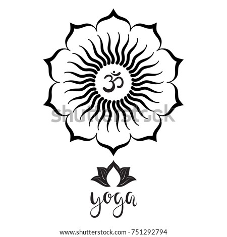 Om symbol with hand drawn  mandala, Lotus flower.  Yoga. Lettering. Set of oriental ornaments for yoga studio  poster and logo, coloring book.