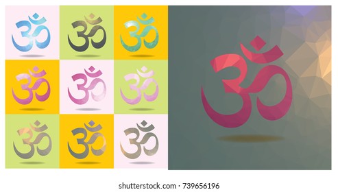 Om symbol of Hinduism in geometric polygonal, mosaic style.