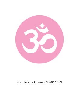 Om symbol of Hinduism icon vector. Pink button. Pink circle