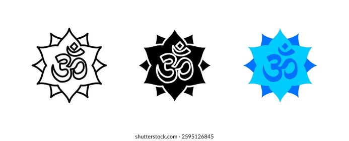 Om symbol icon. Sacred spiritual sign representing universal energy and enlightenment. Used in meditation, yoga and mindfulness practices. Hindu and Buddhist mantra pictogram for peace and balance.