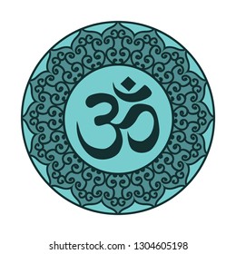 OM symbol, inside mandala, , circular figure representing the universe in Hindu and Buddhist. logo icon