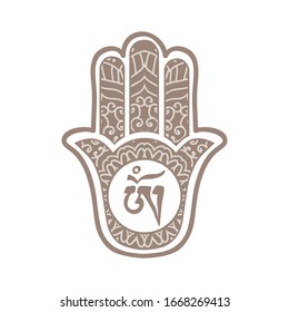 OM symbol inside ornate ancient Middle Eastern amulet symbolizing the Hand of God, vector