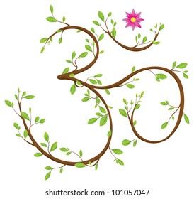 Om symbol made of twigs, leaves and a blossom. Om or Aum is a sacred syllable in Hinduism, Buddhism and Jainism