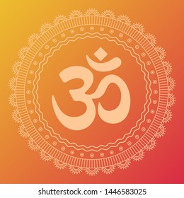 Om symbol mandala. Decorative folk ornament in oriental style with ancient Hindu mantra. Orange and red summer colors