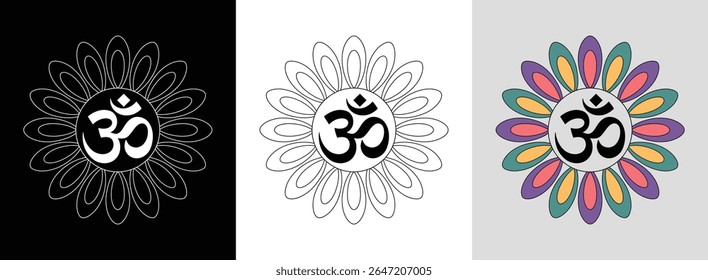 Om symbol mandala with radial petals and bright contrasting colors for spiritual decor.