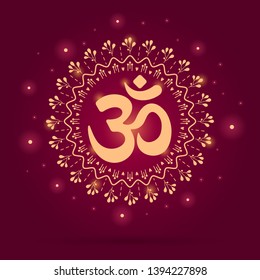 Om symbol or mantra in Hinduism. Red gradient with lights mandala illustration.