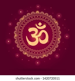 Om symbol or mantra in Hinduism. Red gradient with lights mandala illustration.