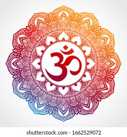 Om Symbol On Color Ornamental Mandala