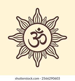 Om symbol with the rays of the sun isolated flat vector illustration