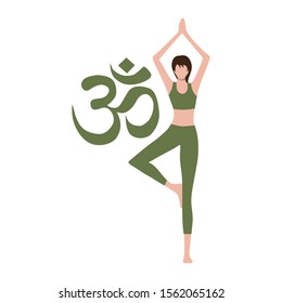 OM symbol, represents the sound of the universe and young woman in yoga pose, vector