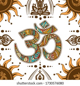 Om symbol seamless pattern. Vector esoteric background