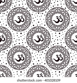 Om symbol seamless pattern. Vintage elements of black on a white background. Decal, coloring book for adults, tattoo. Buddhist, Indian motifs yoga, meditation, spirituality. 