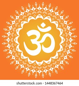 OM symbol sunny summer mandala. Decorative folk ornament in oriental style with ancient Hindu mantra.
